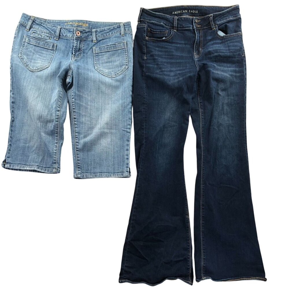 Two American Eagle Womens Jeans Sz 14 One Dark Flare Jeans & Light Denim Capris